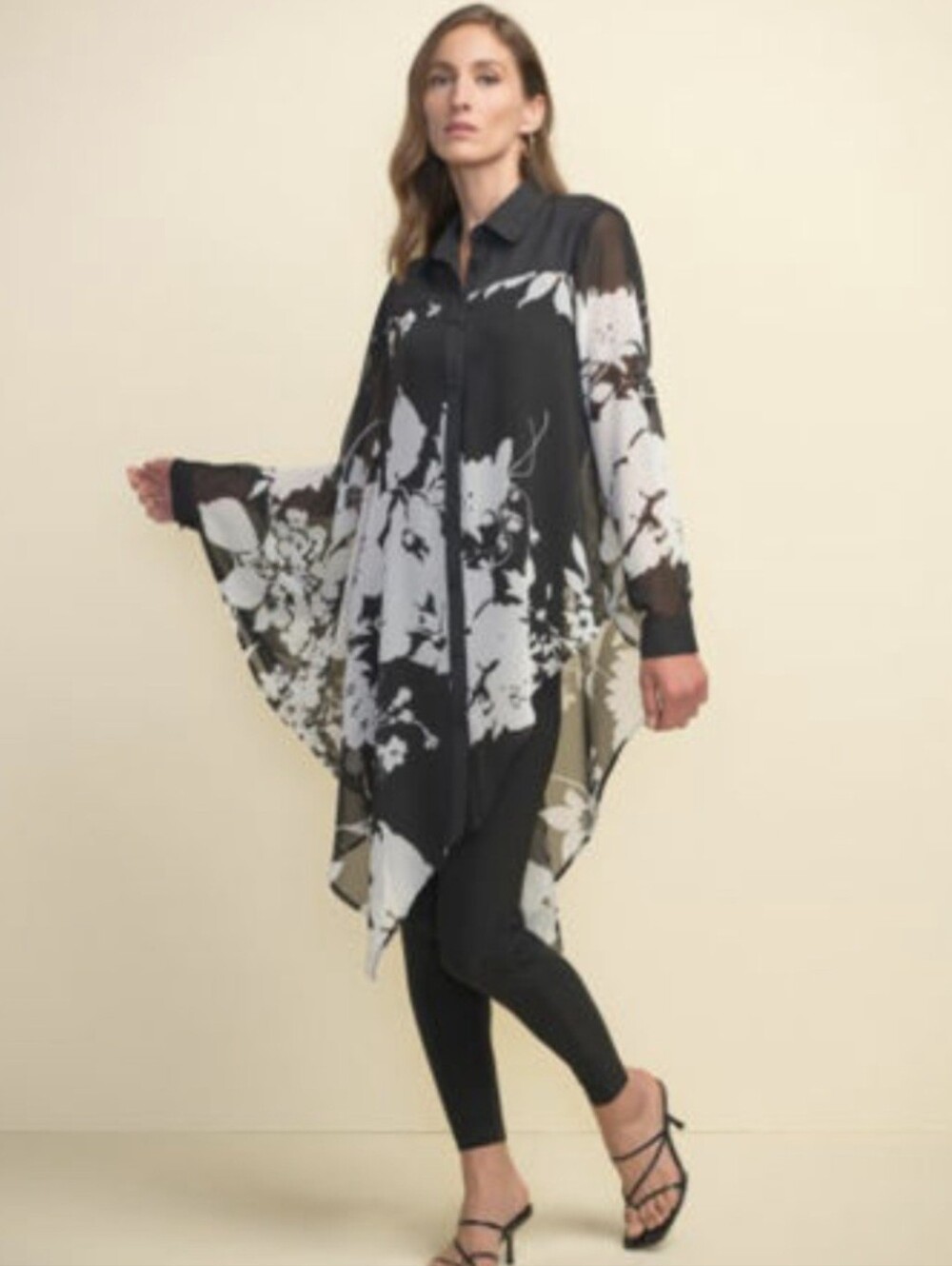 Joseph Ribkoff Sheer Asymetric Tunic Length Top Black/White Floral Size 8
